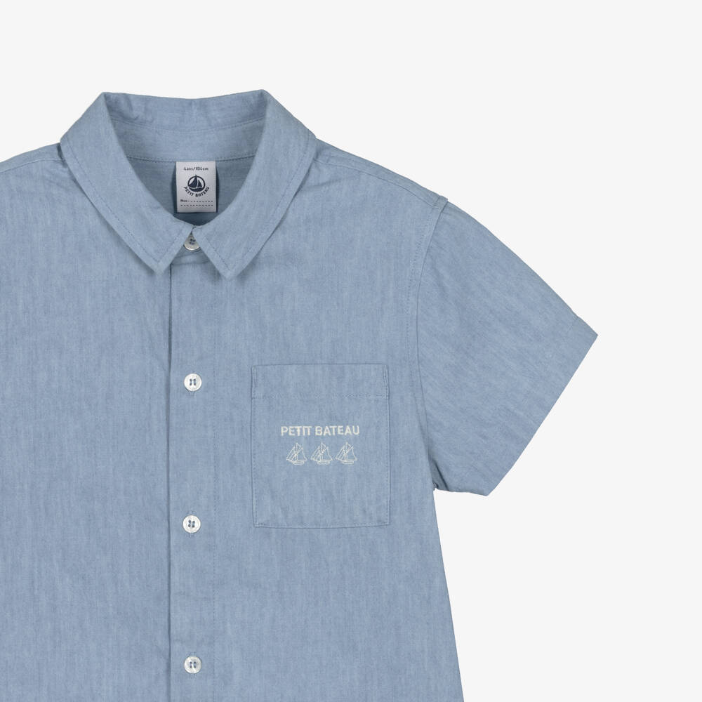Petit Bateau-Boys Pale Blue Chambray Logo Shirt | Childrensalon Outlet