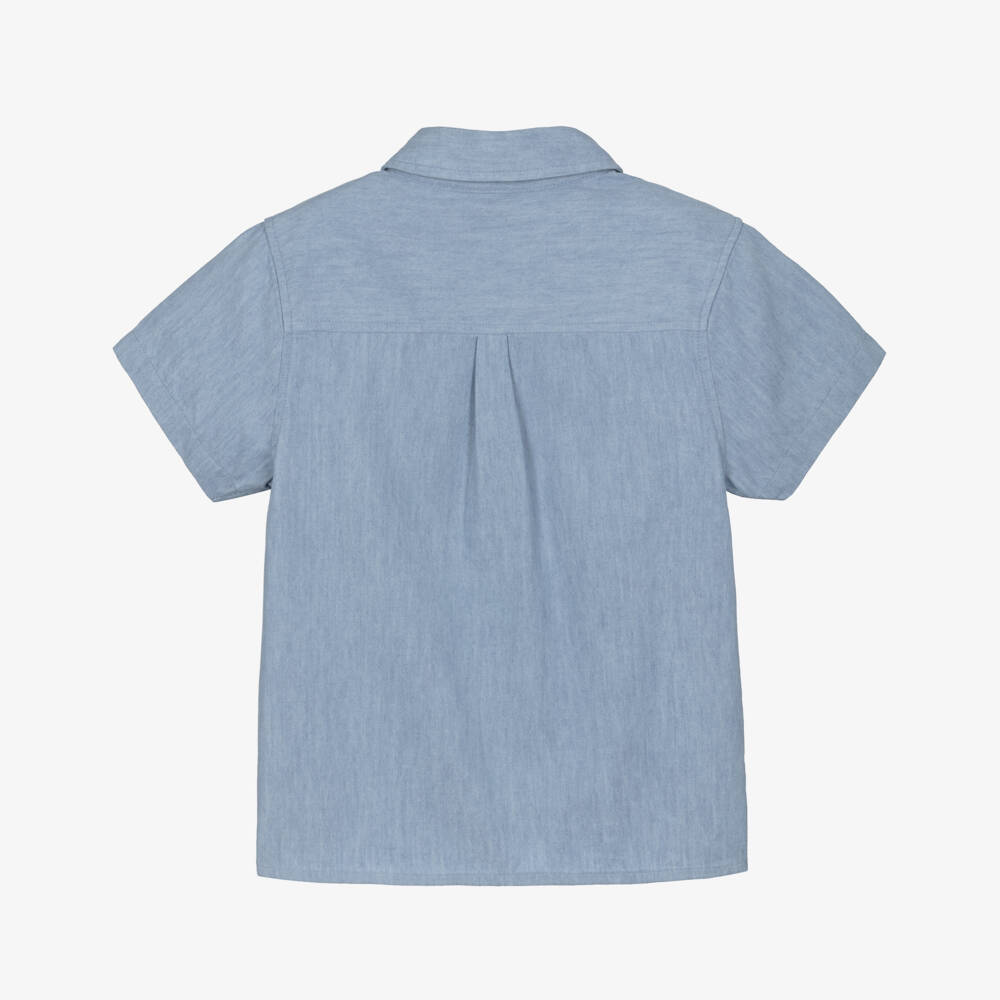 Petit Bateau-Boys Pale Blue Chambray Logo Shirt | Childrensalon Outlet