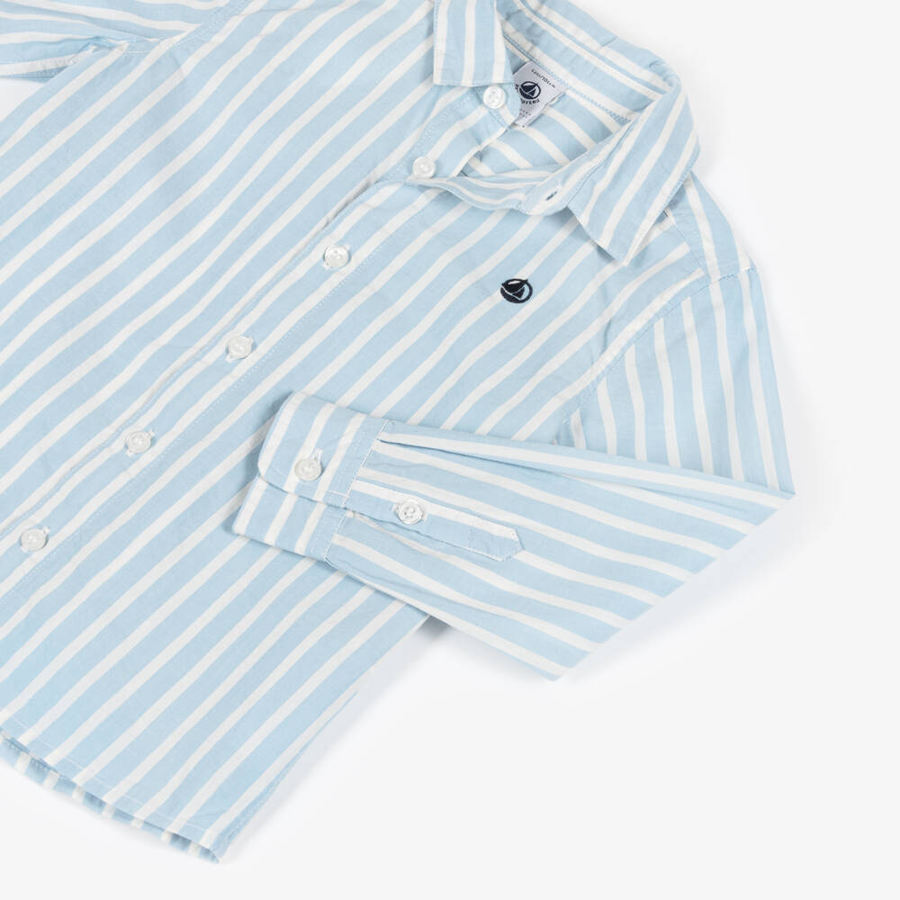 Petit Bateau-Boys Pale Blue Striped Cotton Long-Sleeved Shirt | Childrensalon Outlet