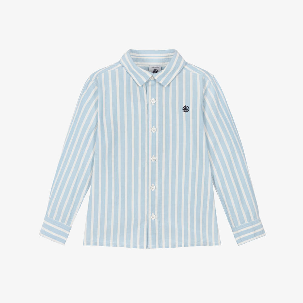 Petit Bateau-Boys Pale Blue Striped Cotton Long-Sleeved Shirt | Childrensalon Outlet