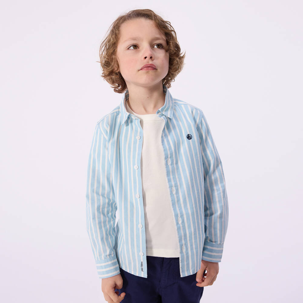 Petit Bateau-Boys Pale Blue Striped Cotton Long-Sleeved Shirt | Childrensalon Outlet
