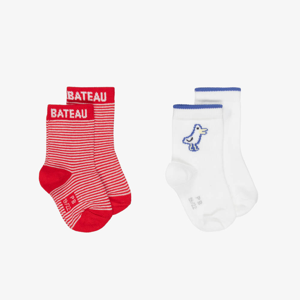 Petit Bateau-Boys Red Stripe & White Bird Motif Ankle Socks (2 Pack) | Childrensalon Outlet