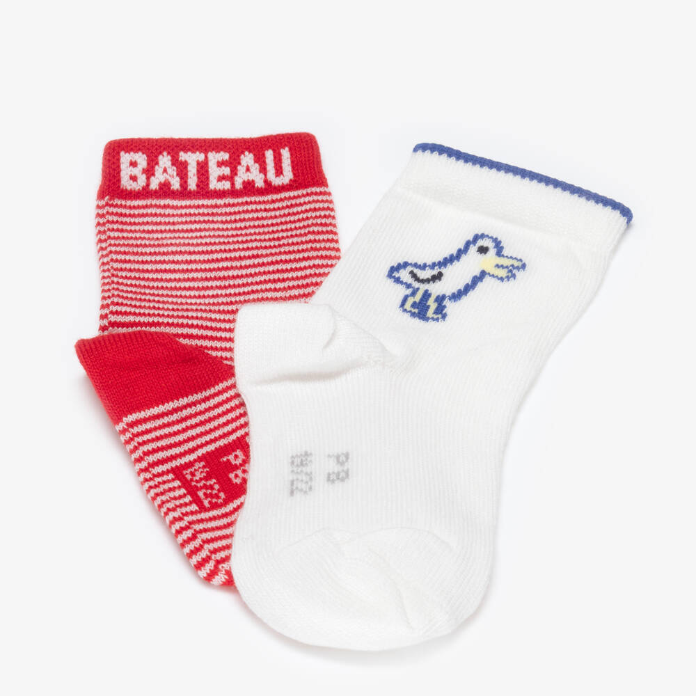 Petit Bateau-Boys Red Stripe & White Bird Motif Ankle Socks (2 Pack) | Childrensalon Outlet