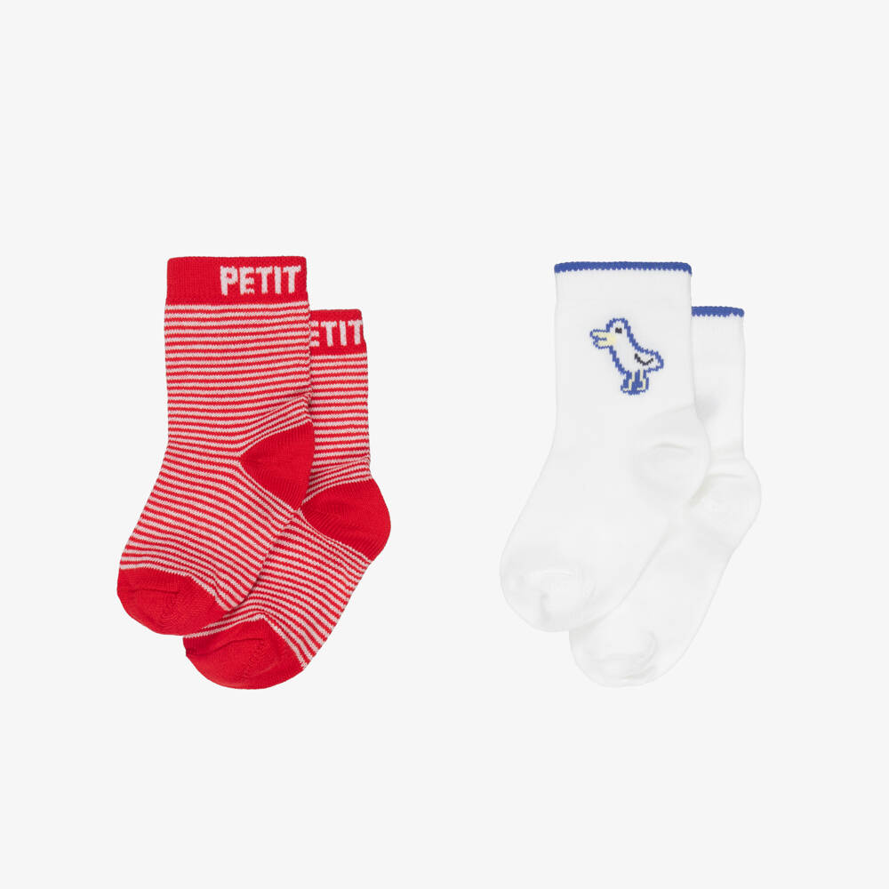 Petit Bateau-Boys Red Stripe & White Bird Motif Ankle Socks (2 Pack) | Childrensalon Outlet