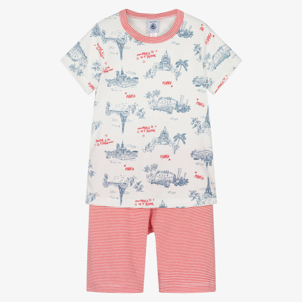 Petit Bateau-طقم نوم قطني أحمر وأبيض للأولاد | Childrensalon Outlet