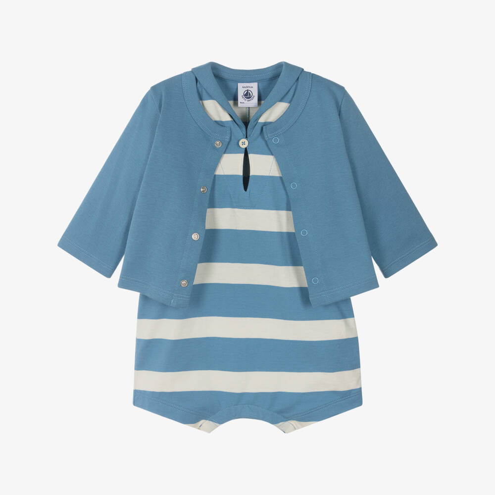 Petit Bateau-Комплект синий полосатый хлопковый ромпер для мальчиков | Childrensalon Outlet
