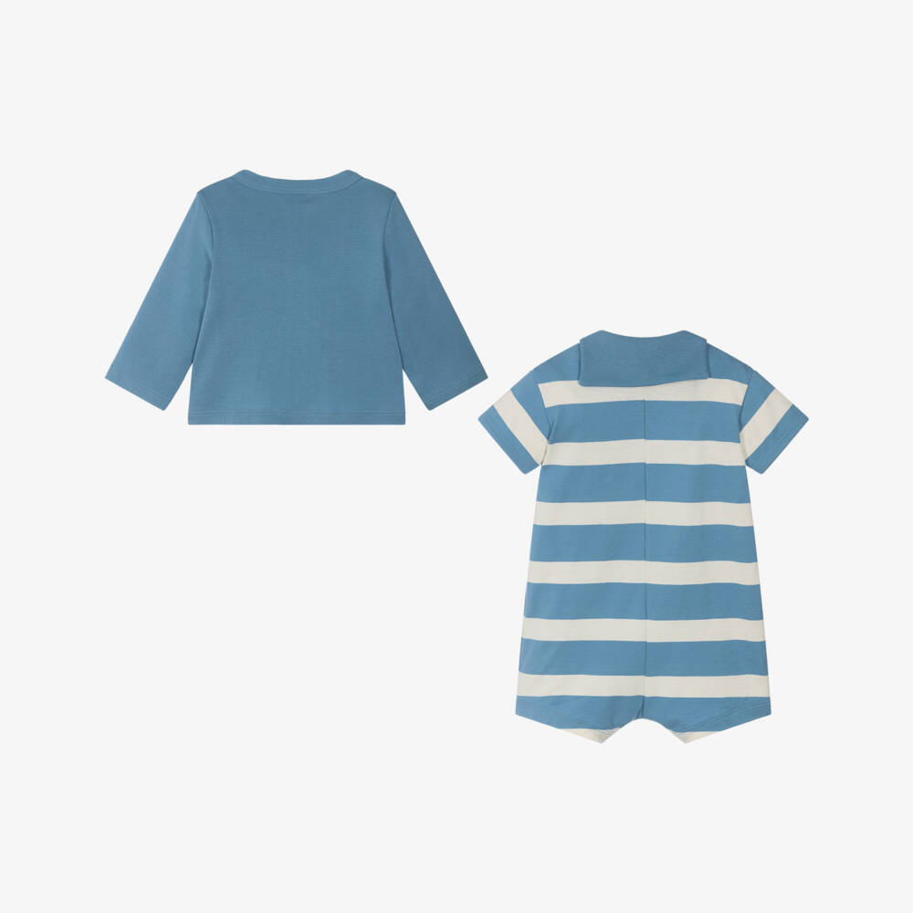Petit Bateau-Boys Striped Blue Cotton Romper Set | Childrensalon Outlet