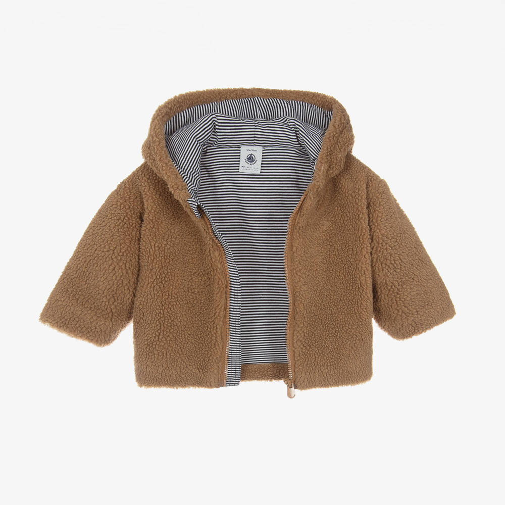 Petit Bateau-Boys Tan Sherpa Hooded Coat | Childrensalon Outlet