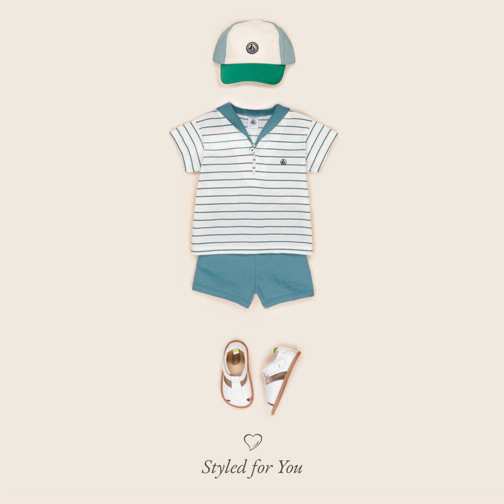 Petit Bateau-Boys Teal Stripe Cotton Ensemble | Childrensalon Outlet