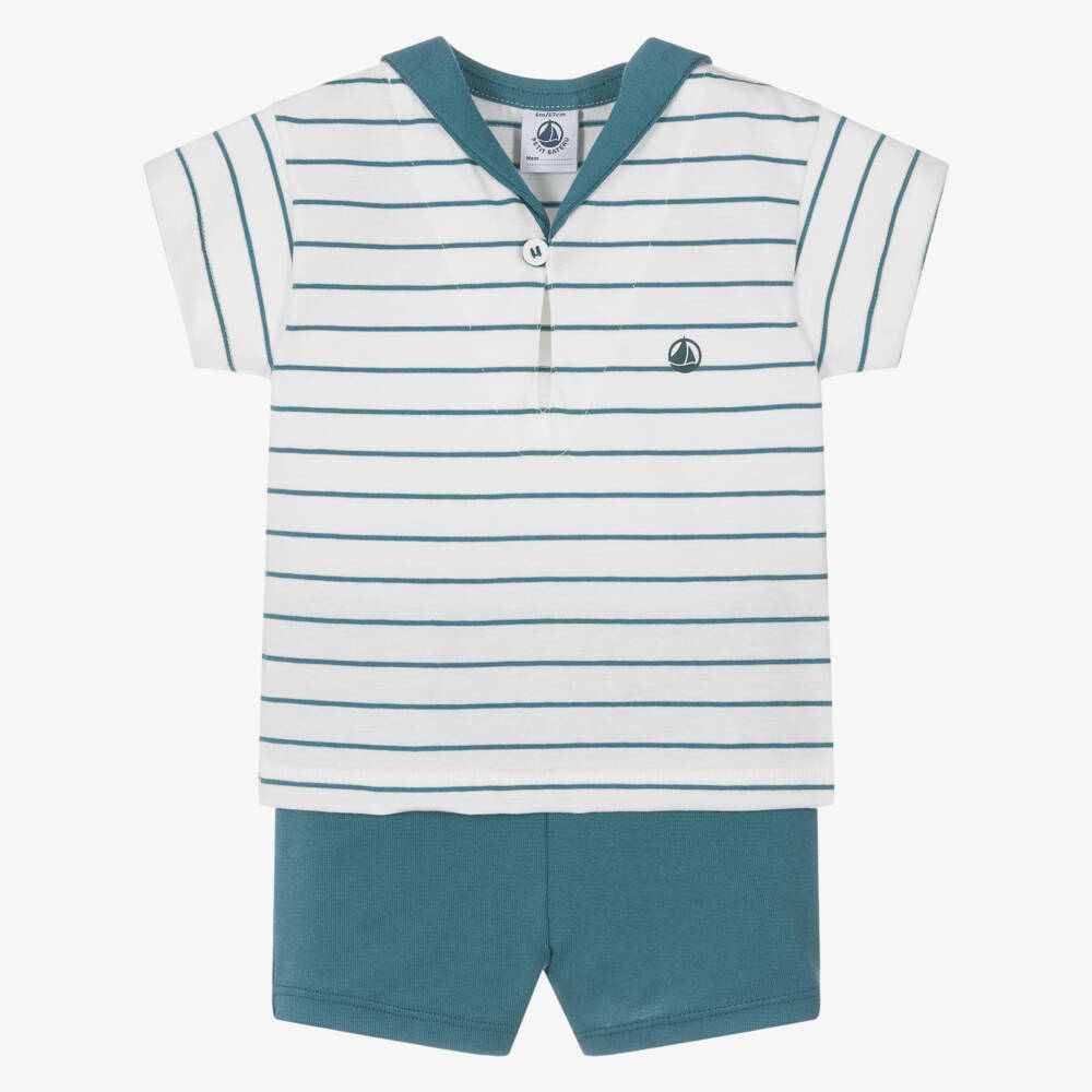 Petit Bateau-Boys Teal Stripe Cotton Ensemble | Childrensalon Outlet