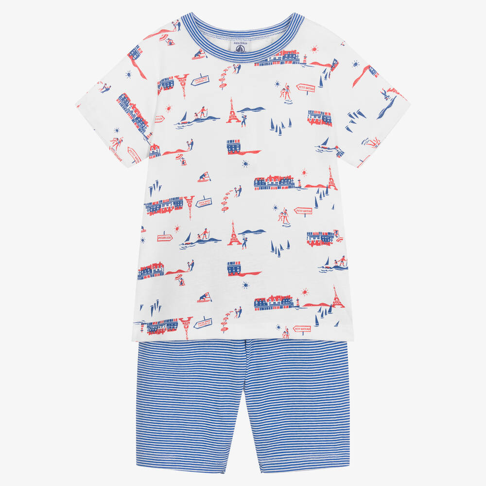 Petit Bateau - Boys White & Blue Organic Cotton Pyjamas | Childrensalon
