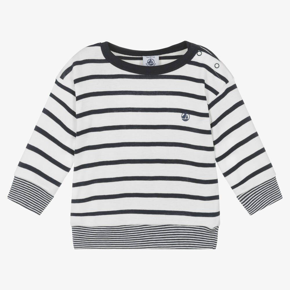 Petit Bateau - Boys White & Blue Stripe Cotton Top | Childrensalon