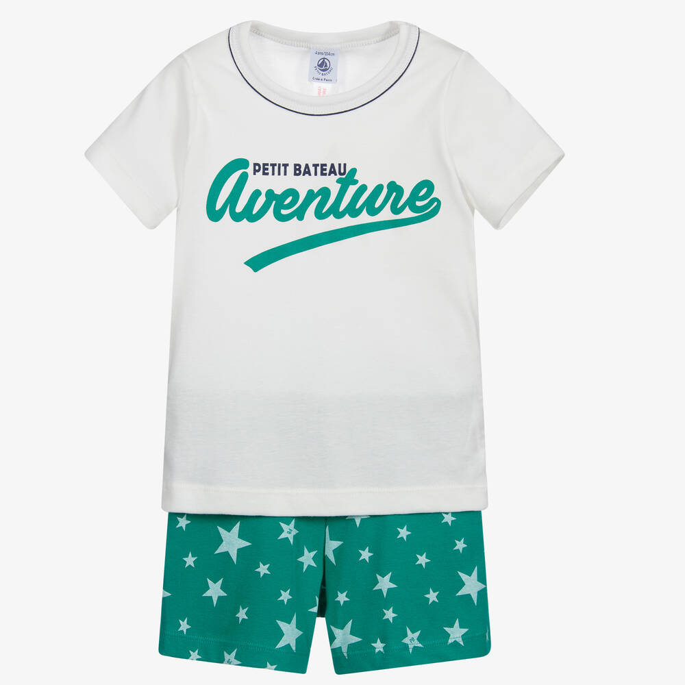 Petit Bateau - Boys White & Green Pyjamas | Childrensalon