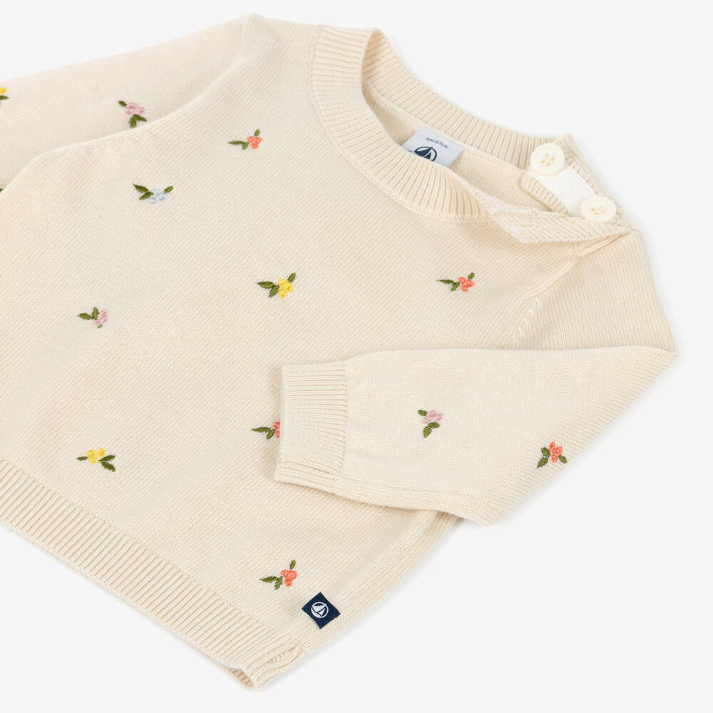 Petit Bateau-Girls Beige Knitted Sweater with Floral Embroidery | Childrensalon Outlet