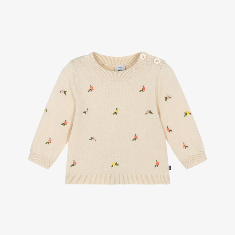 Petit Bateau-Girls Beige Knitted Sweater with Floral Embroidery | Childrensalon Outlet