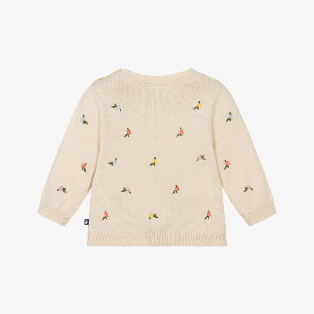 Petit Bateau-Girls Beige Knitted Sweater with Floral Embroidery | Childrensalon Outlet