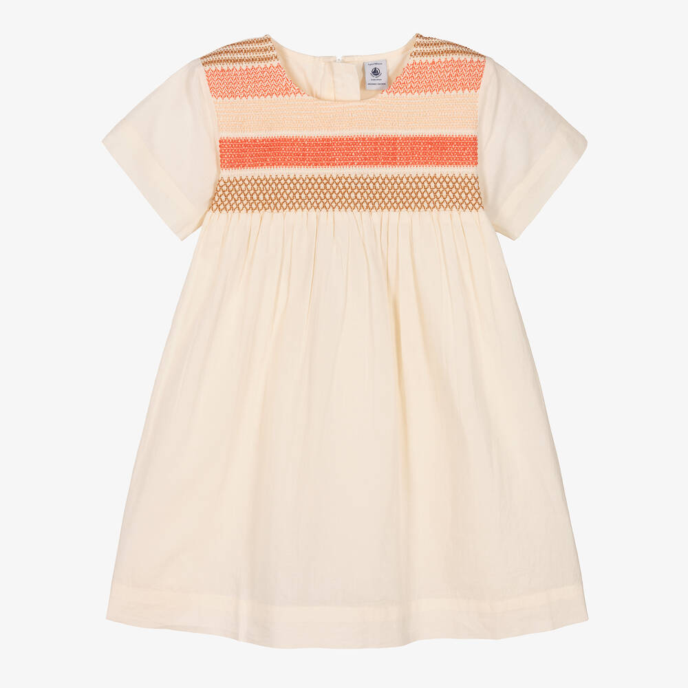Petit Bateau - Girls Beige Organic Cotton Smocked Dress | Childrensalon