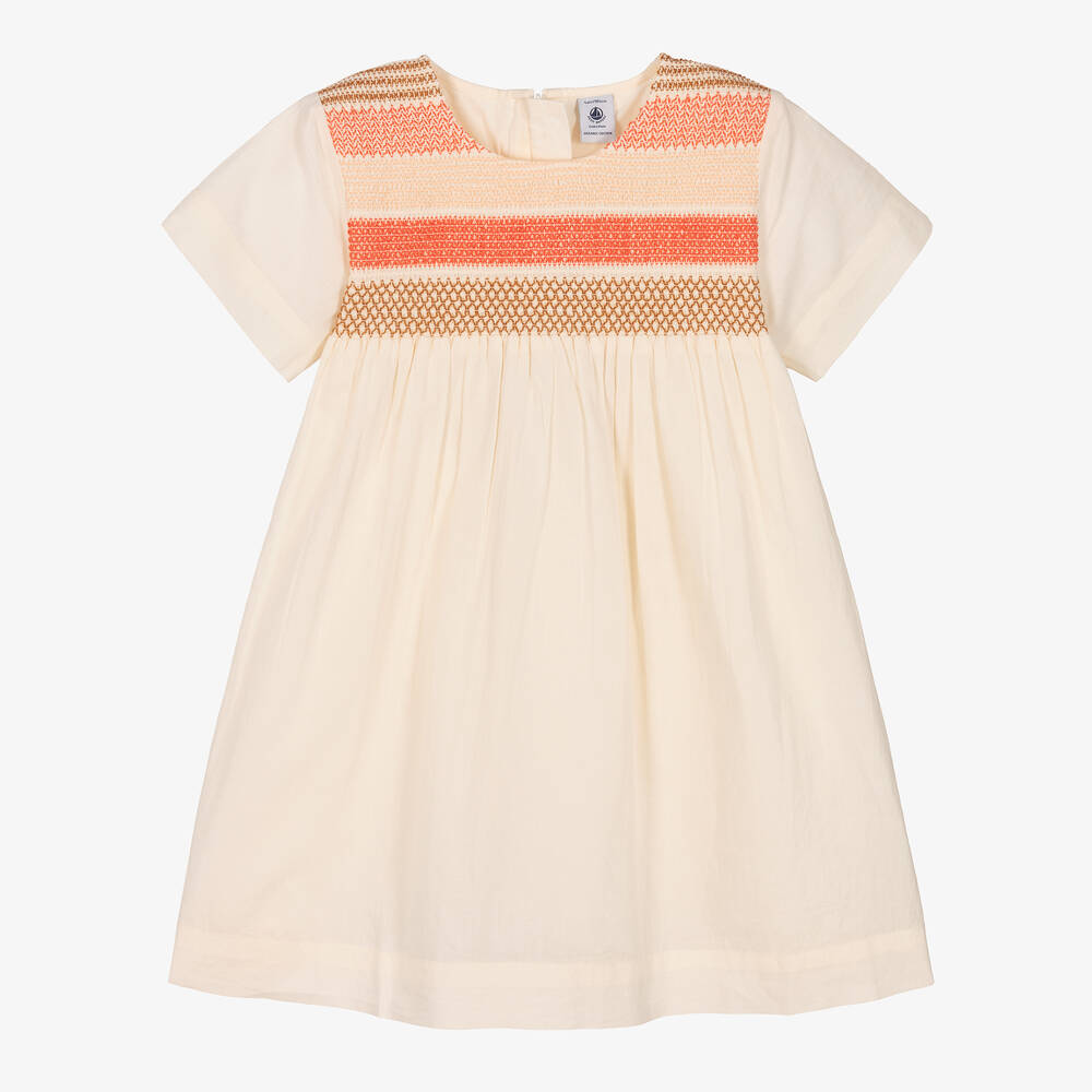 Petit Bateau - Robe beige smockée en coton bio | Childrensalon