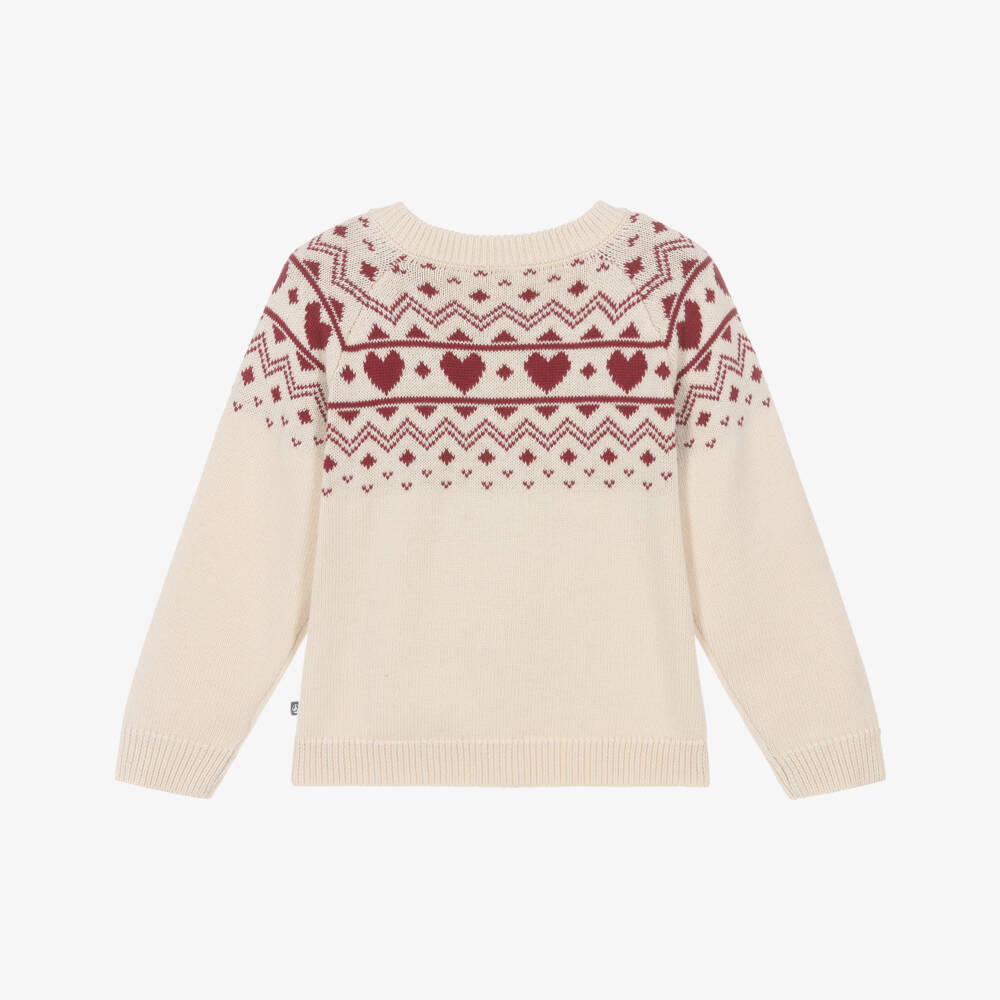 Petit Bateau-Girls Beige & Red Hearts Knitted Cardigan | Childrensalon Outlet