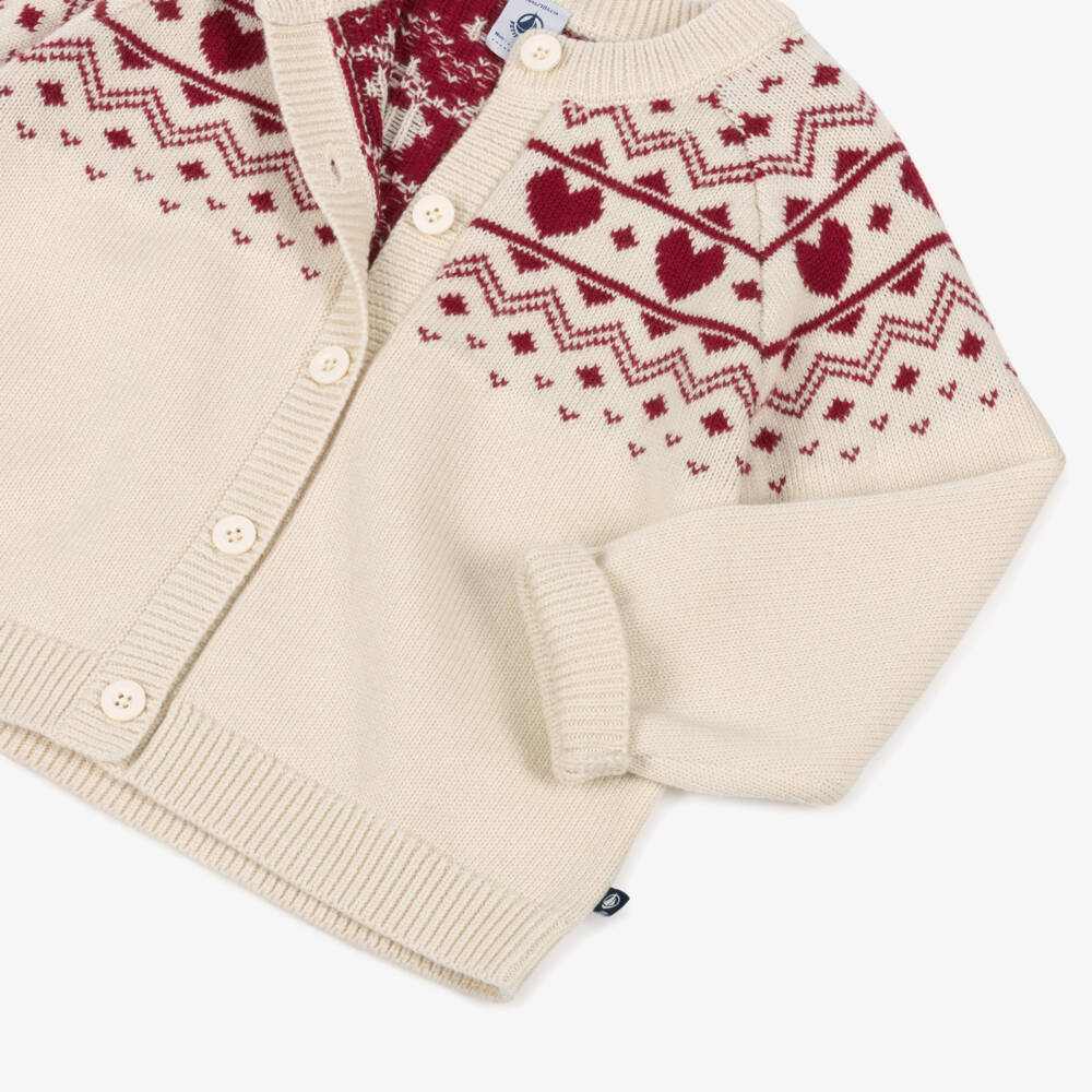 Petit Bateau-Girls Beige & Red Hearts Knitted Cardigan | Childrensalon Outlet