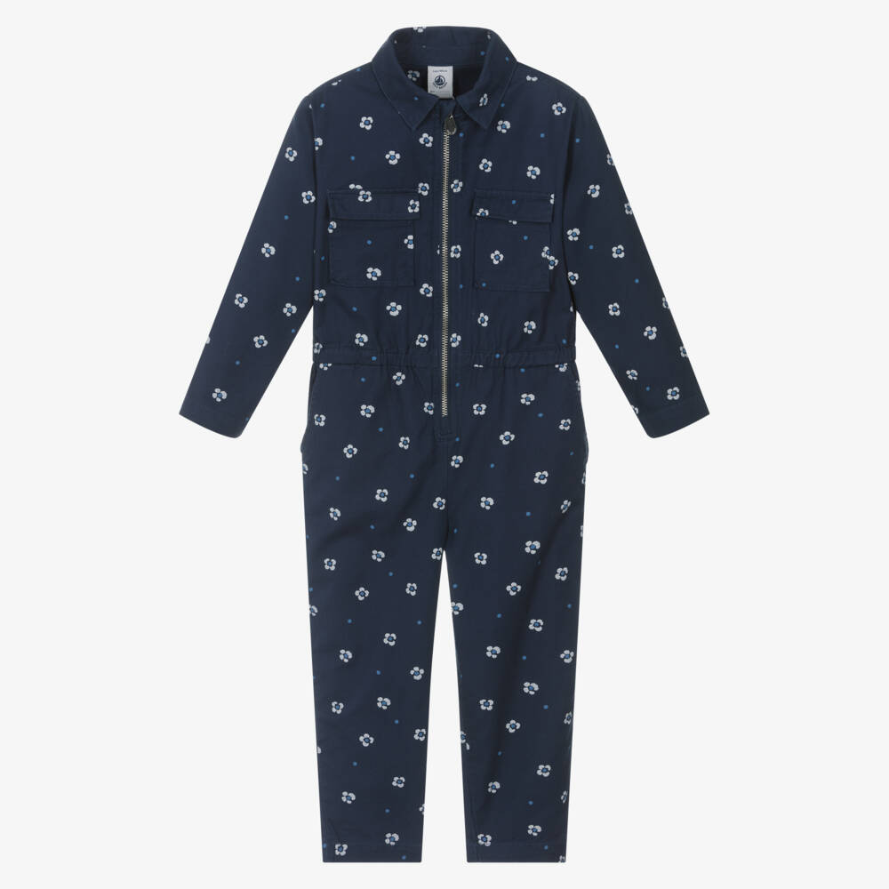 Petit Bateau-Girls Blue Blossom Cotton Romper | Childrensalon Outlet