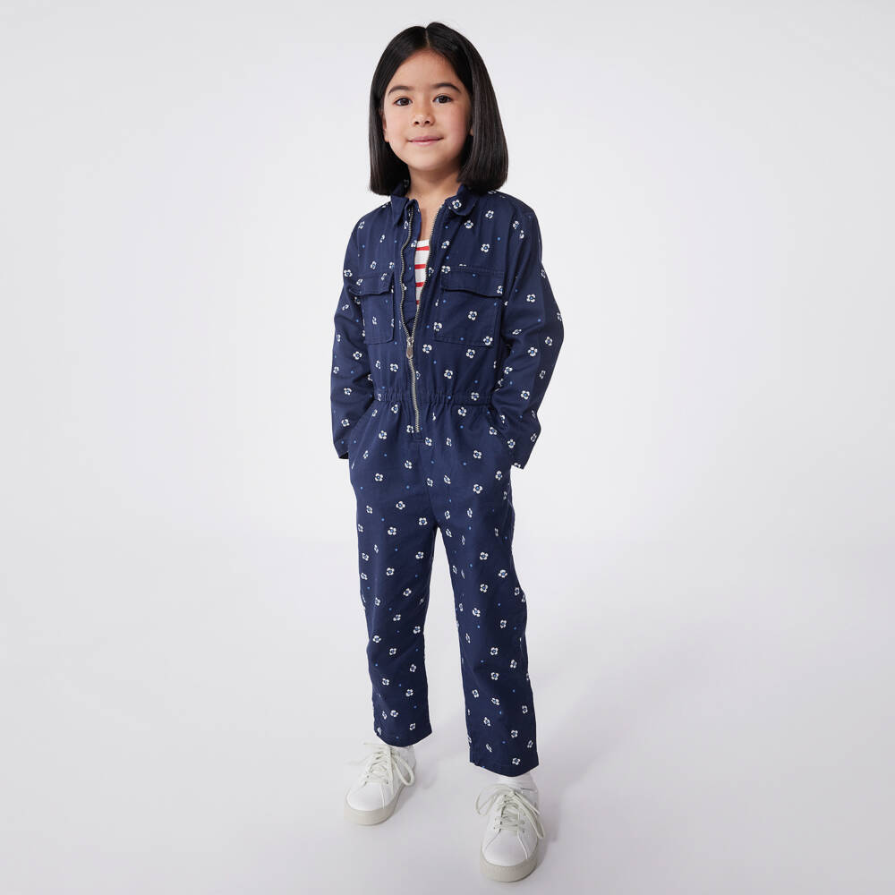 Petit Bateau-جمبسوت قطني أزرق مزهر للبنات | Childrensalon Outlet