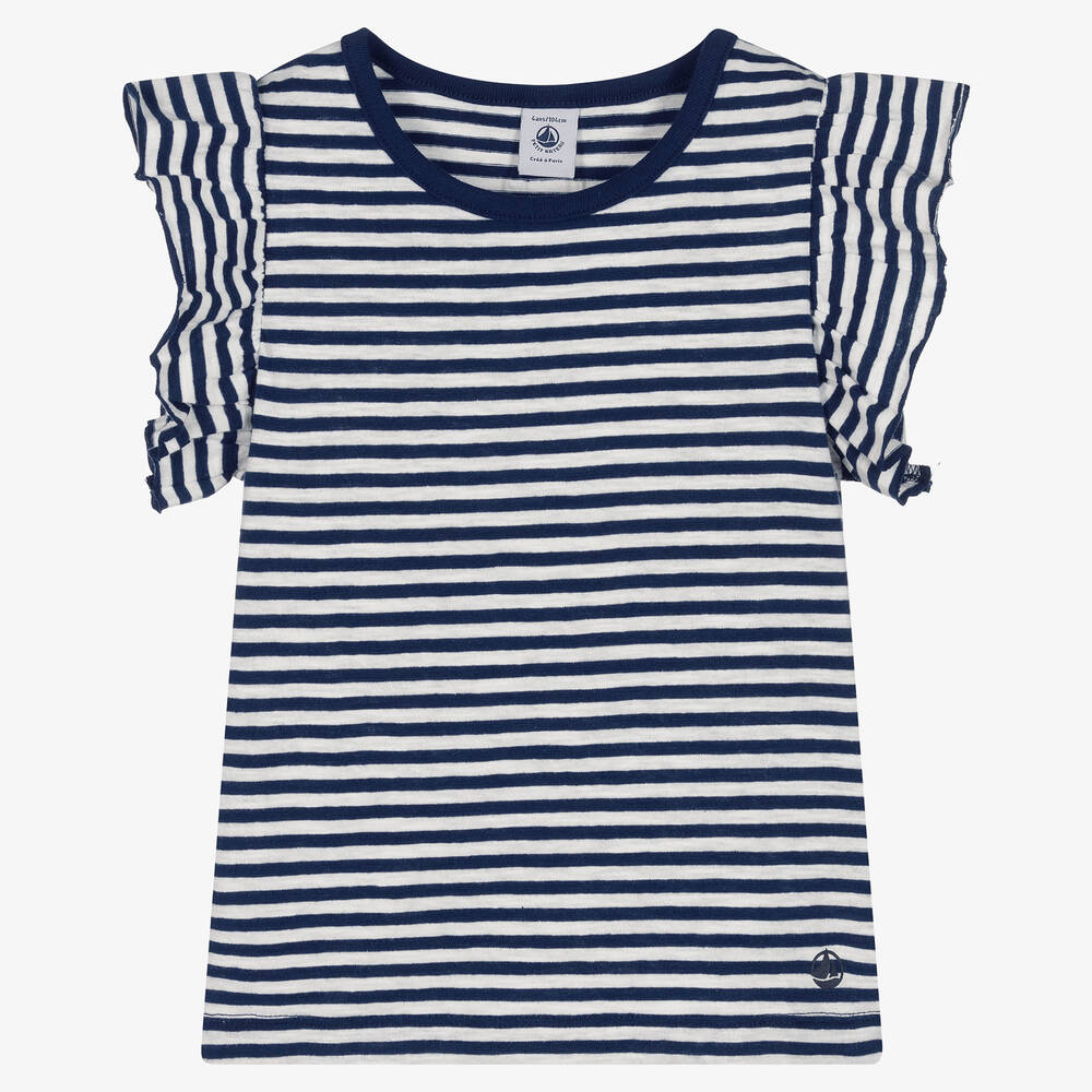 Petit Bateau - Girls Blue Breton Stripe Cotton T-Shirt | Childrensalon