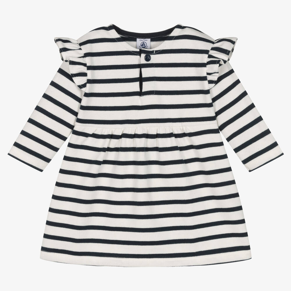 Petit Bateau - Girls Blue Breton Stripe Organic Dress | Childrensalon