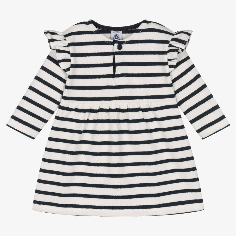 Petit Bateau - فستان أطفال بناتي قطن عضوي مقلم لون كحلي وأبيض | Childrensalon