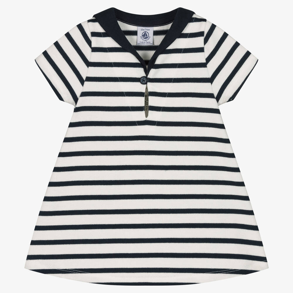 Petit Bateau - Girls Blue Breton Stripe Sailor Organic Dress | Childrensalon