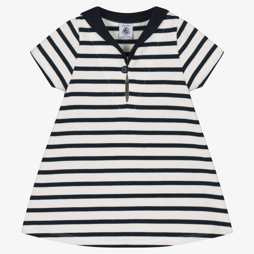 Petit Bateau - Blau gestreiftes Bio-Matrosenkleid | Childrensalon