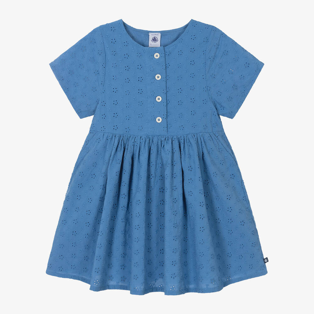 Petit Bateau-Girls Blue Broderie Anglaise Dress | Childrensalon Outlet