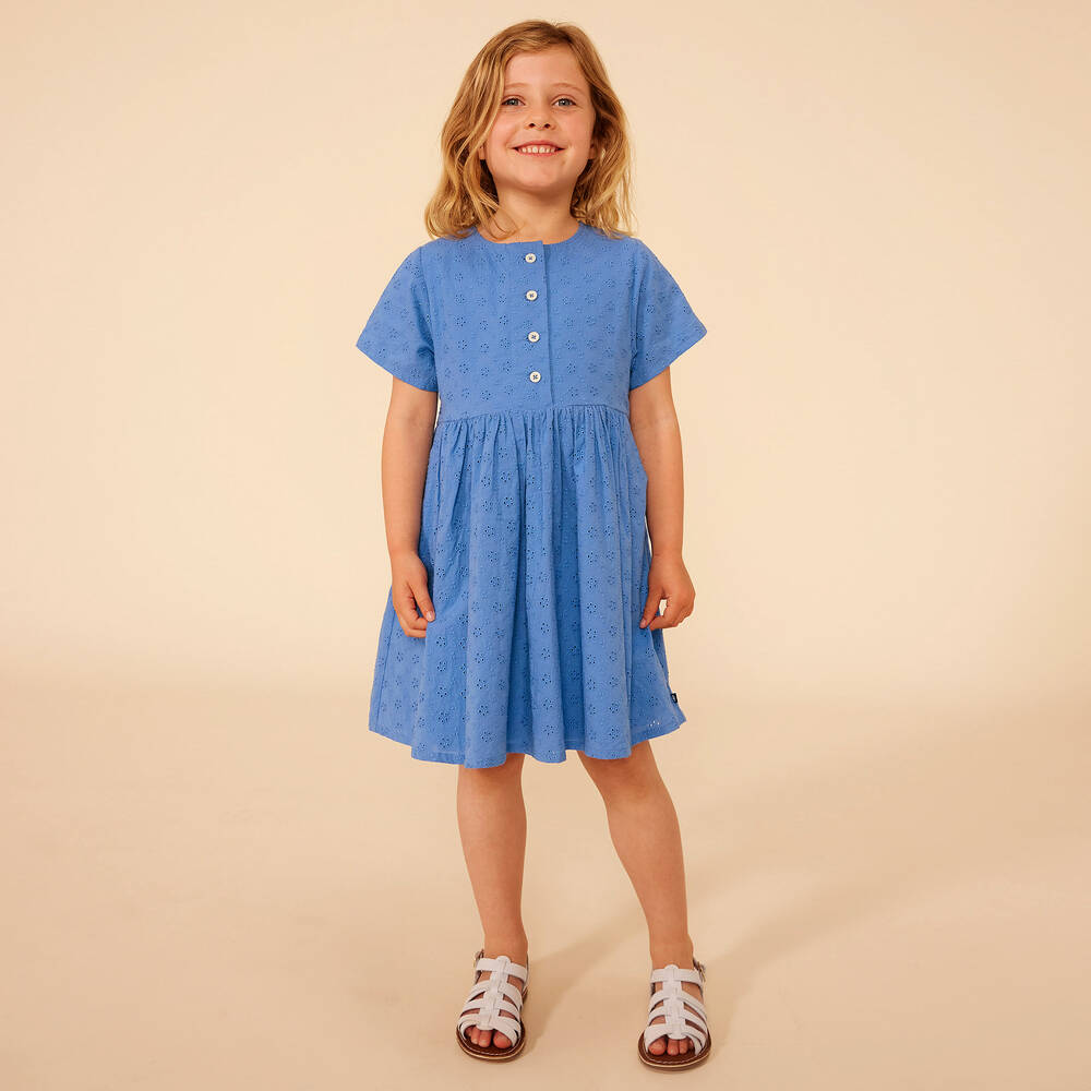 Petit Bateau-Girls Blue Broderie Anglaise Dress | Childrensalon Outlet