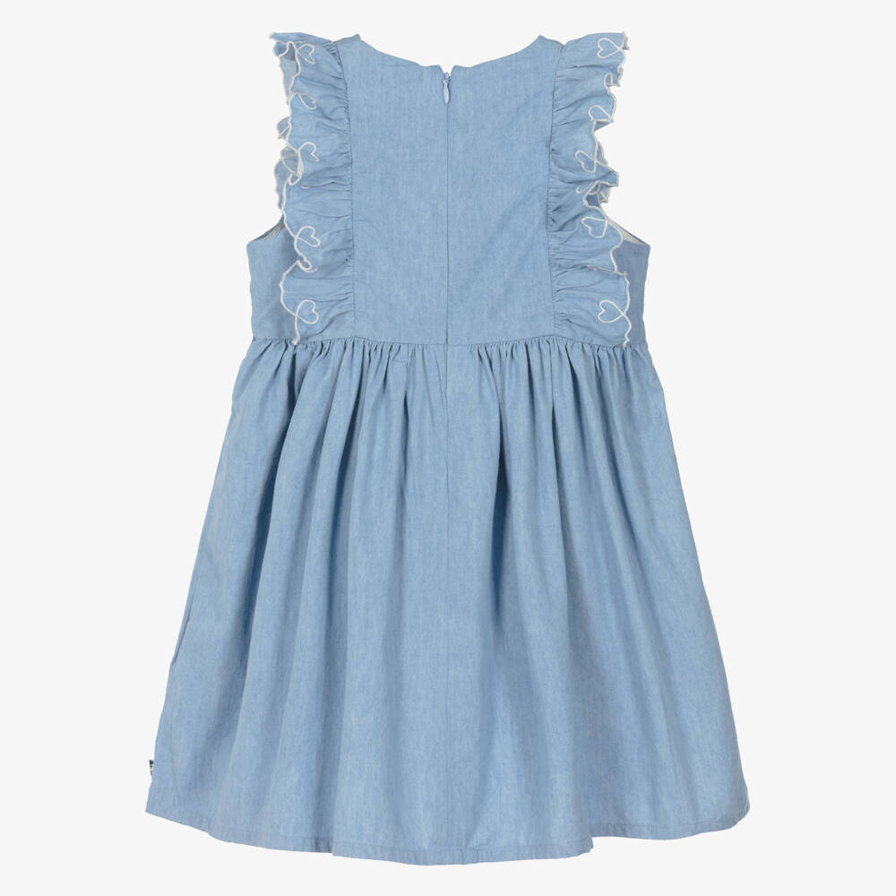 Petit Bateau-Girls Blue Chambray Sleeveless Ruffle Dress | Childrensalon Outlet