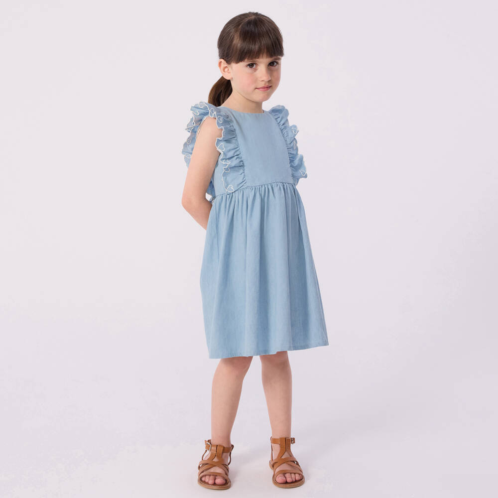 Petit Bateau-Girls Blue Chambray Sleeveless Ruffle Dress | Childrensalon Outlet