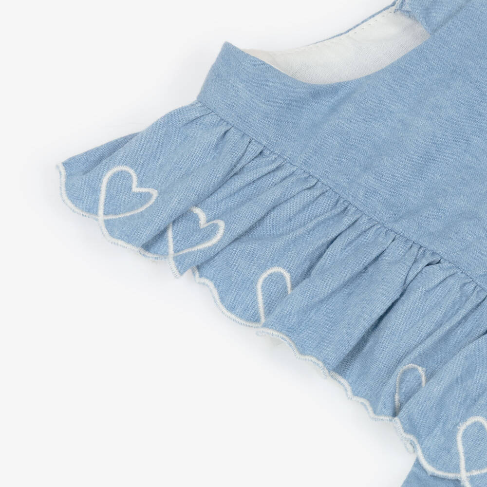 Petit Bateau-Girls Blue Chambray Sleeveless Ruffle Dress | Childrensalon Outlet