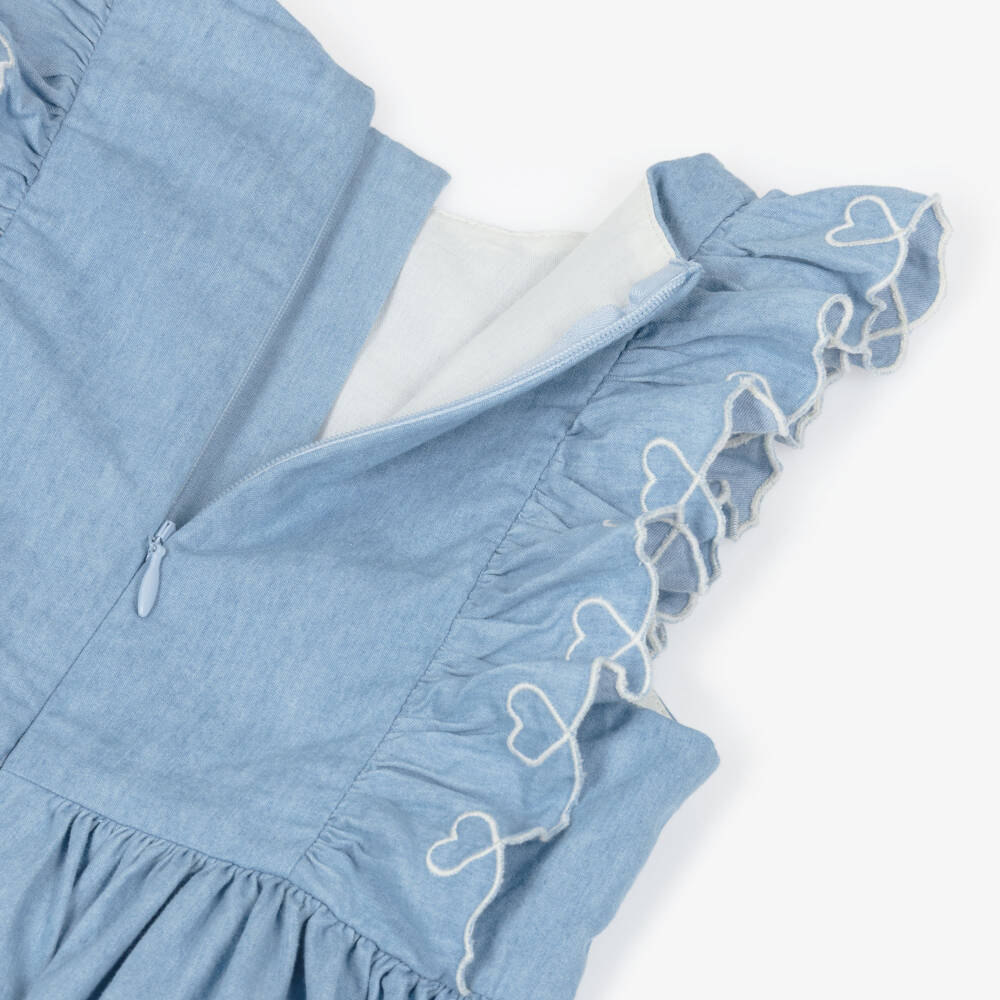Petit Bateau-Girls Blue Chambray Sleeveless Ruffle Dress | Childrensalon Outlet