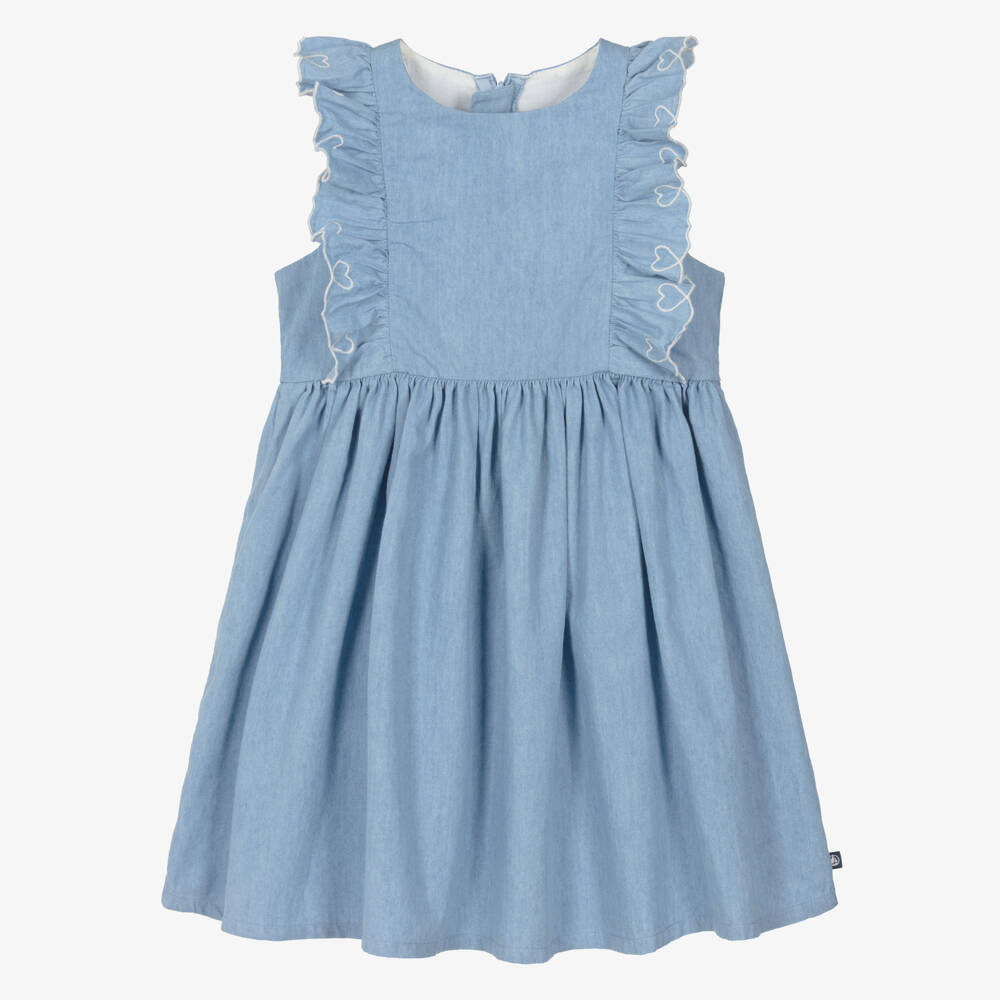 Petit Bateau-Girls Blue Chambray Sleeveless Ruffle Dress | Childrensalon Outlet