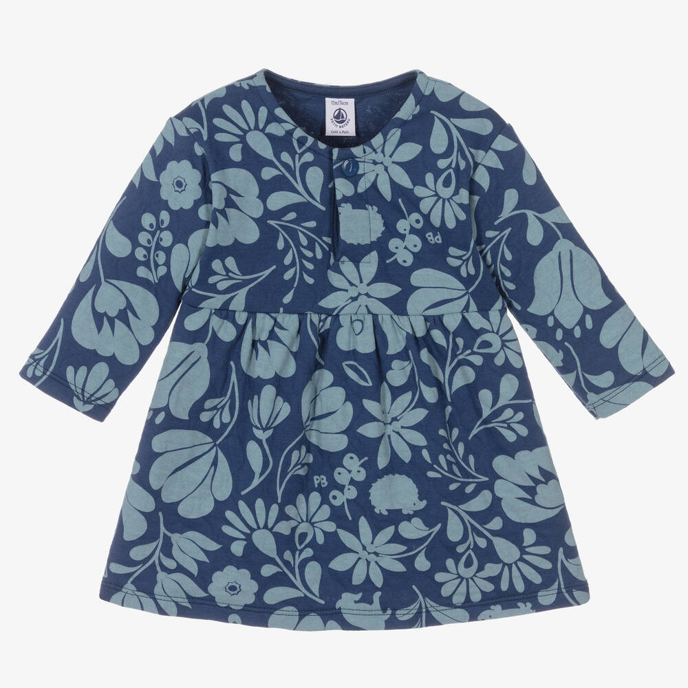 Petit Bateau - Girls Blue Floral Cotton Dress | Childrensalon