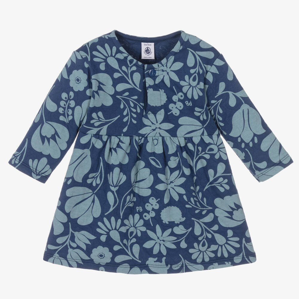 Petit Bateau-Girls Blue Floral Cotton Dress | Childrensalon Outlet