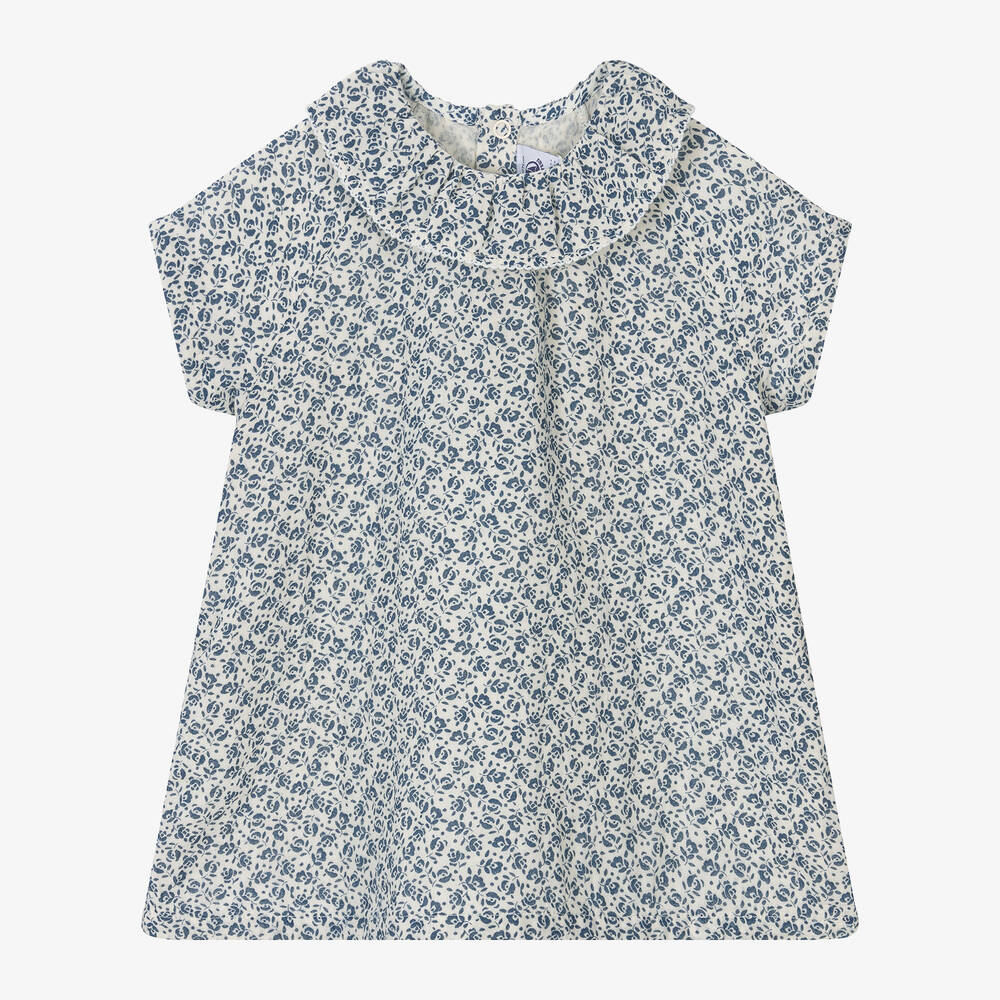 格安 - Bateau Petit Girls Dress Cotton Organic Floral Blue Tシャツ/カットソー