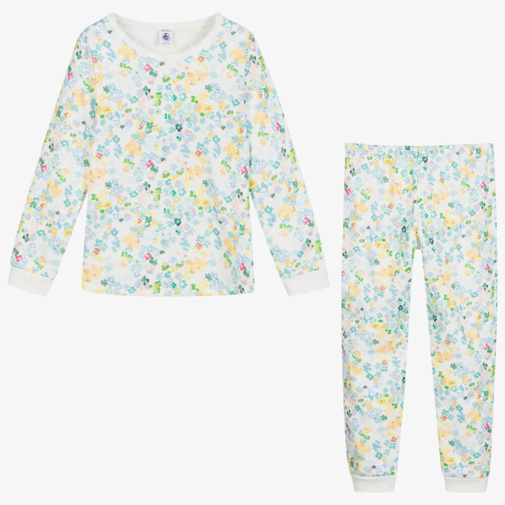 بتي باتو-بيجاما قطن لون أبيض، أزرق ورمادي للبنات | Childrensalon Outlet