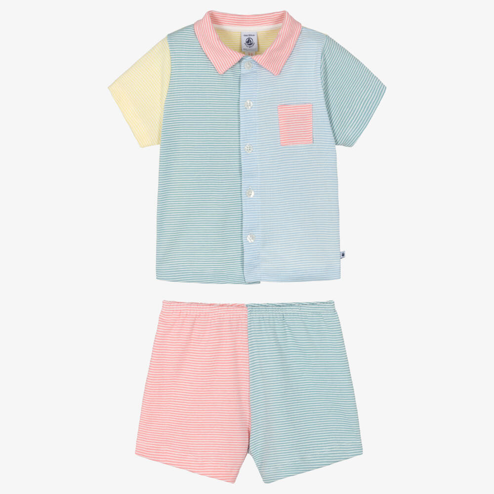Petit Bateau-Girls Blue & Green Striped Cotton Short Pyjamas | Childrensalon Outlet