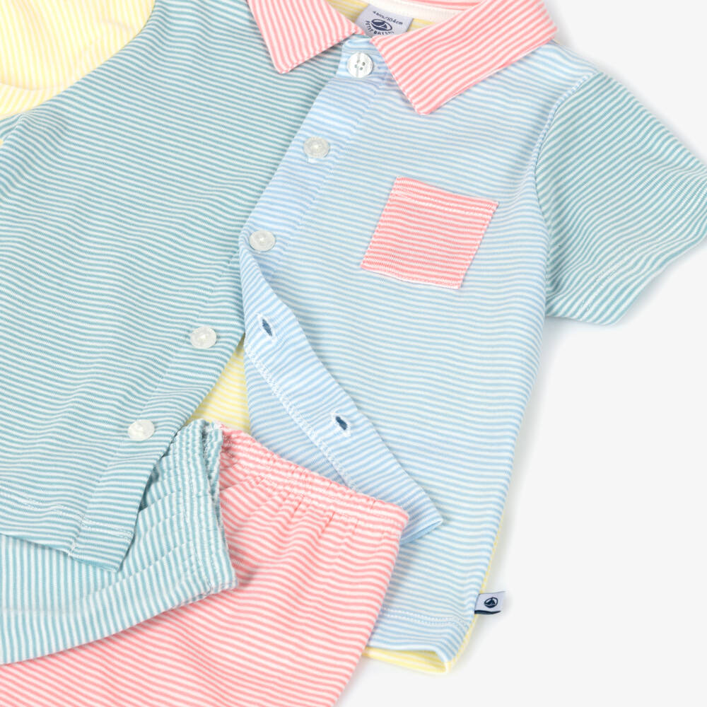 Petit Bateau-Girls Blue & Green Striped Cotton Short Pyjamas | Childrensalon Outlet