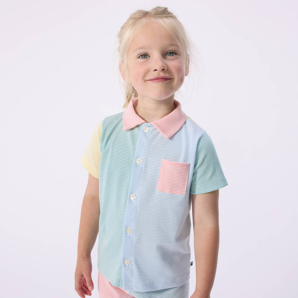 Petit Bateau-Girls Blue & Green Striped Cotton Short Pyjamas | Childrensalon Outlet