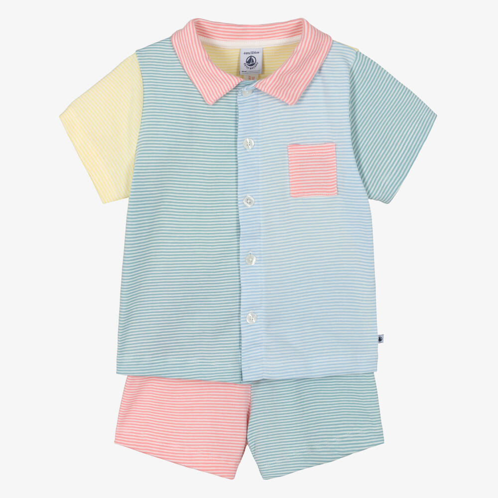 Petit Bateau-Girls Blue & Green Striped Cotton Short Pyjamas | Childrensalon Outlet