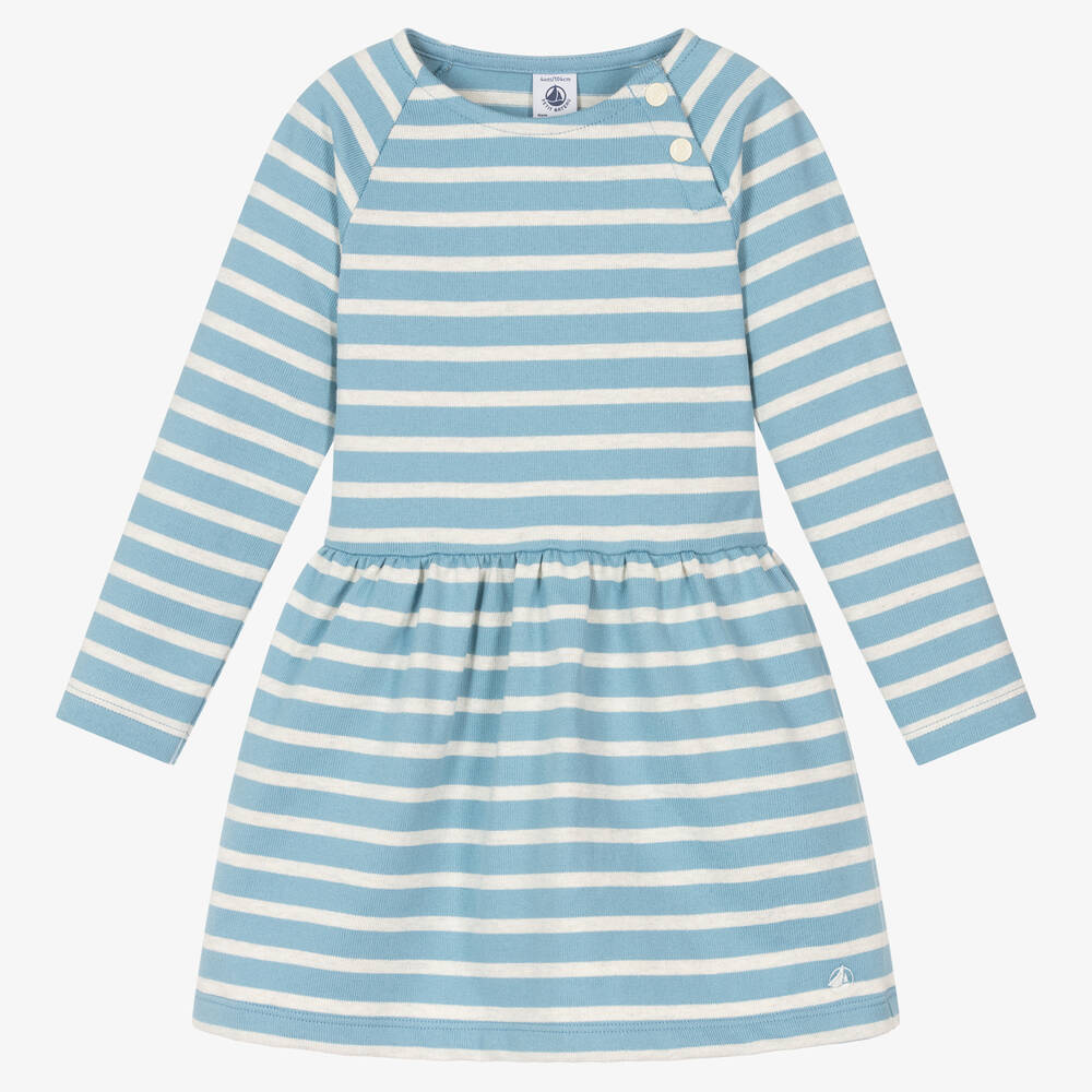 Petit Bateau - Girls Blue & Grey Striped Cotton Dress | Childrensalon