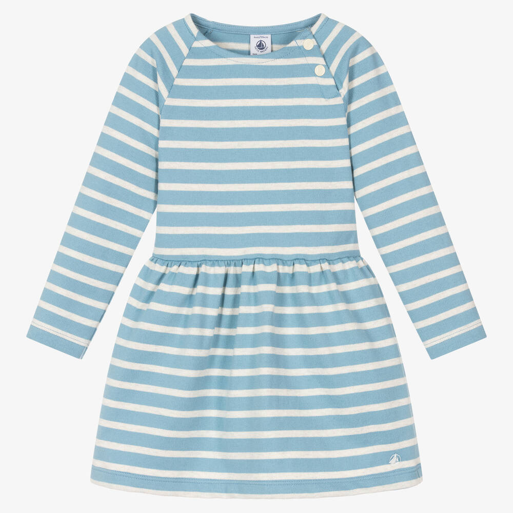 Petit Bateau - فستان قطن عضوي مقلّم لون أزرق ورمادي | Childrensalon