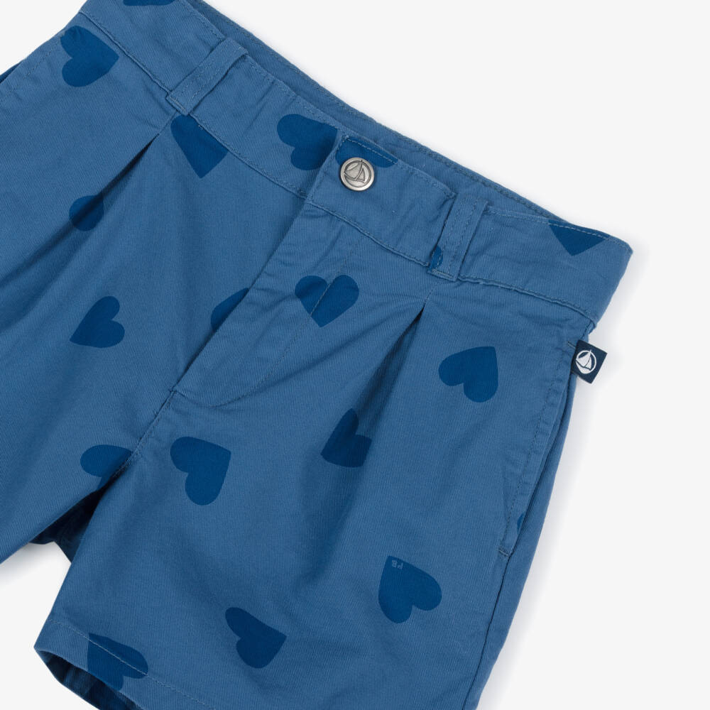 Petit Bateau-Girls Blue Heart Patterned Twill Shorts | Childrensalon Outlet