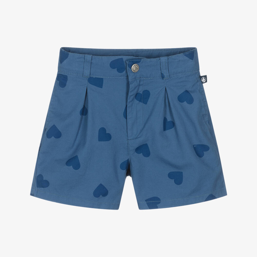 Petit Bateau-Girls Blue Heart Patterned Twill Shorts | Childrensalon Outlet